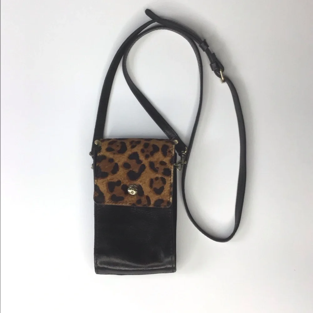 Patricia Nash Rivalta Leather Crossbody in Black Leather and Leopard Calf Hair.